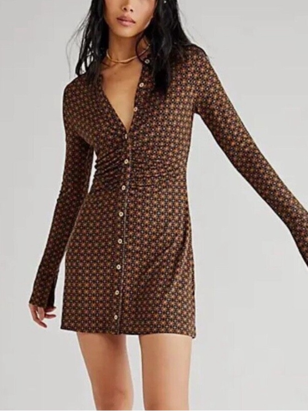Free People Shayla Mini Dress Black Coffee Combo Small Ruched Button Front